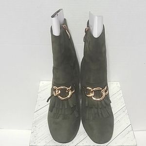 Army Green Chunky Block Heel Bootie with Gold Link Chain in the Front size 8